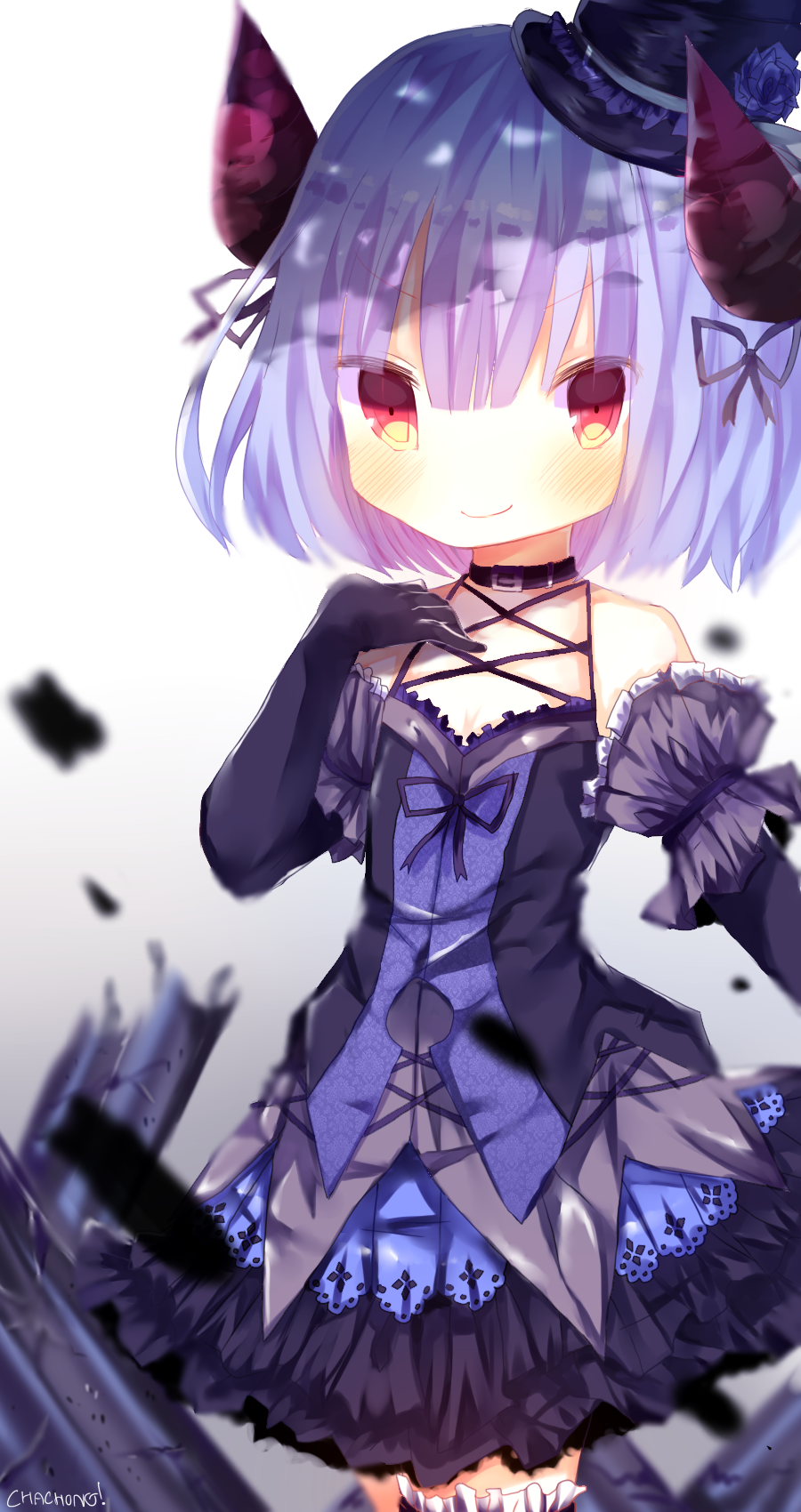 1girl, bare_shoulders, black_gloves, black_ribbon, blue_camisole, blue_hair, blue_hat, blue_skirt
