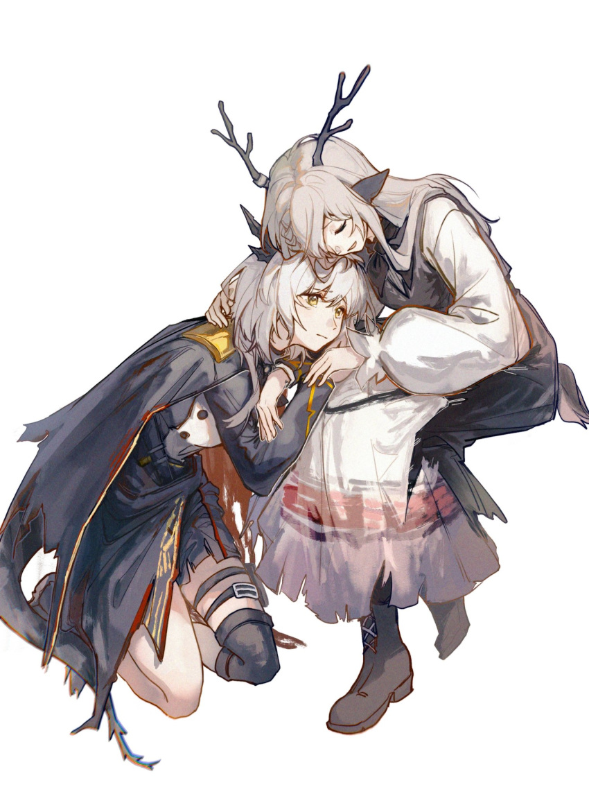 2girls, alina_(arknights), animal_ears, antlers, arknights, black_cape, black_horns, black_jacket