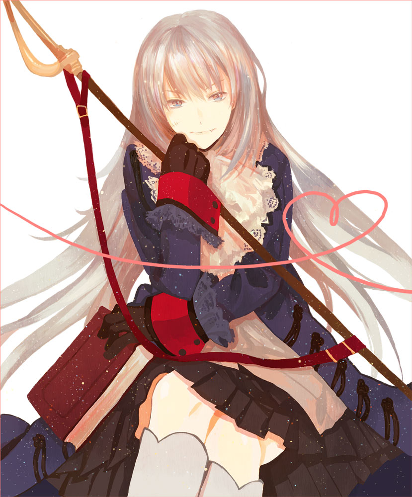 bad_id, bayonet, blue_eyes, blush, book, crossed_legs, fang, frills
