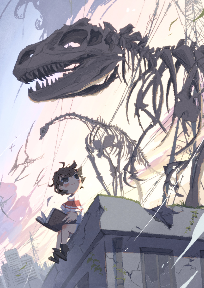 absurdres, blush_stickers, book, brachiosaurus, building, child, commentary_request, dawn