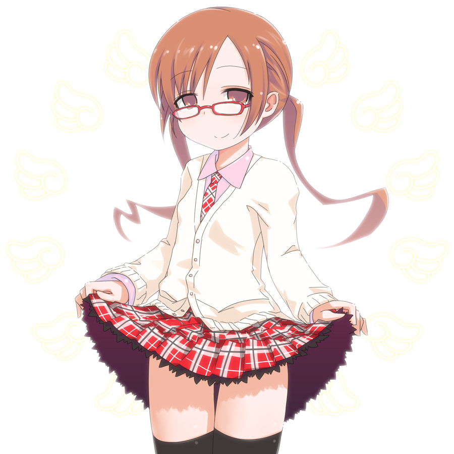 brown_hair, cardigan, glasses, itou_shiori, kurabayashi_aya, long_hair, mitsudomoe, necktie
