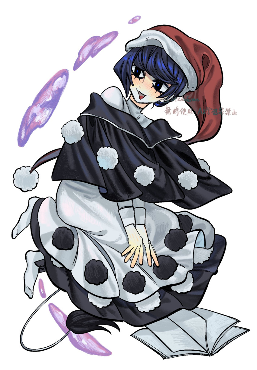 1girl, black_capelet, blob, blue_hair, book, bow_legwear, capelet, doremy_sweet