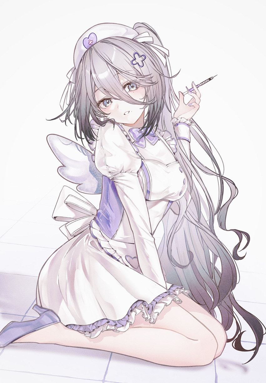 1girl, amuko08, between_legs, blue_eyes, bow, commentary, dress, frilled_dress