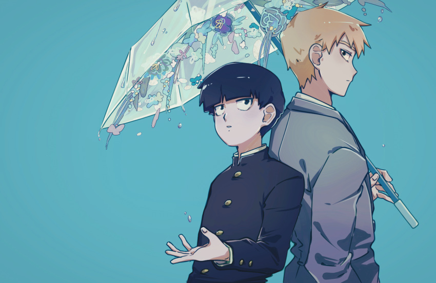 2boys, back-to-back, black_eyes, black_hair, black_jacket, blonde_hair, blue_background, blunt_bangs
