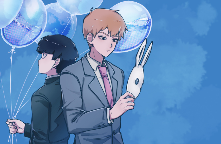 2boys, back-to-back, balloon, black_hair, black_jacket, blonde_hair, blue_background, blunt_bangs