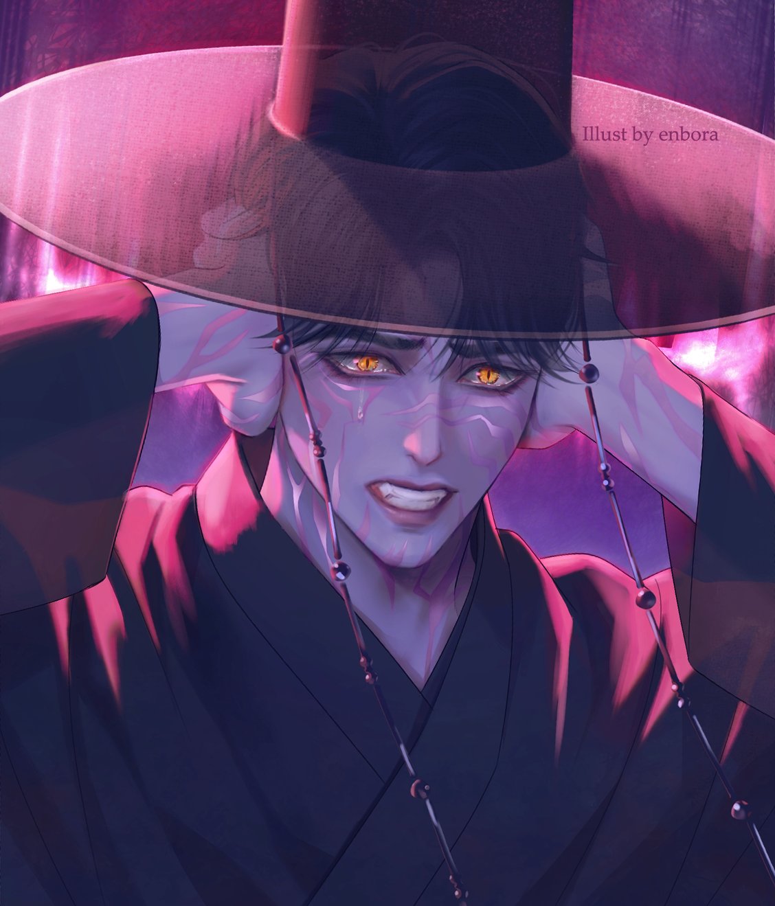 1boy, artist_name, black_hair, black_hat, black_robe, clenched_teeth, covering_own_ears, crying