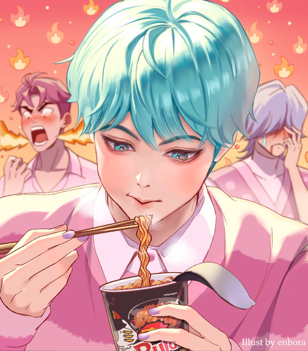 3boys, abby_(kpop_demon_hunters), aqua_eyes, aqua_hair, artist_name, baby_(kpop_demon_hunters), blush, chopsticks