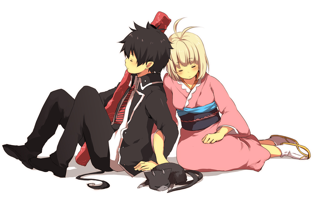 1girl, ahoge, ao_no_exorcist, black_hair, blacky, blonde_hair, cat, japanese_clothes, kuro_(ao_no_exorcist), locked_arms, moriyama_shiemi, necktie, nuriko-kun, okumura_rin, pointy_ears, school_uniform, sleeping, striped, striped_necktie, sword_bag, sword_case, tail