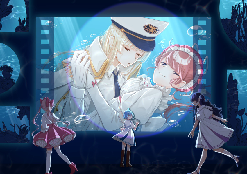 5girls, aquarium_wa_odoranai, black_hair, blonde_hair, blue_hair, boots, bow, brown_boots