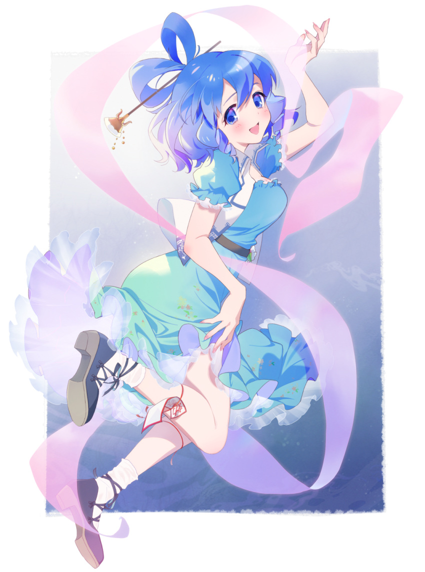 1girl, blue_dress, blue_eyes, blue_hair, breasts, dress, hagoromo, hair_rings, highres, kaku_seiga, looking_at_viewer, open_mouth, sak_(saku6sak), shawl, smile, solo, touhou