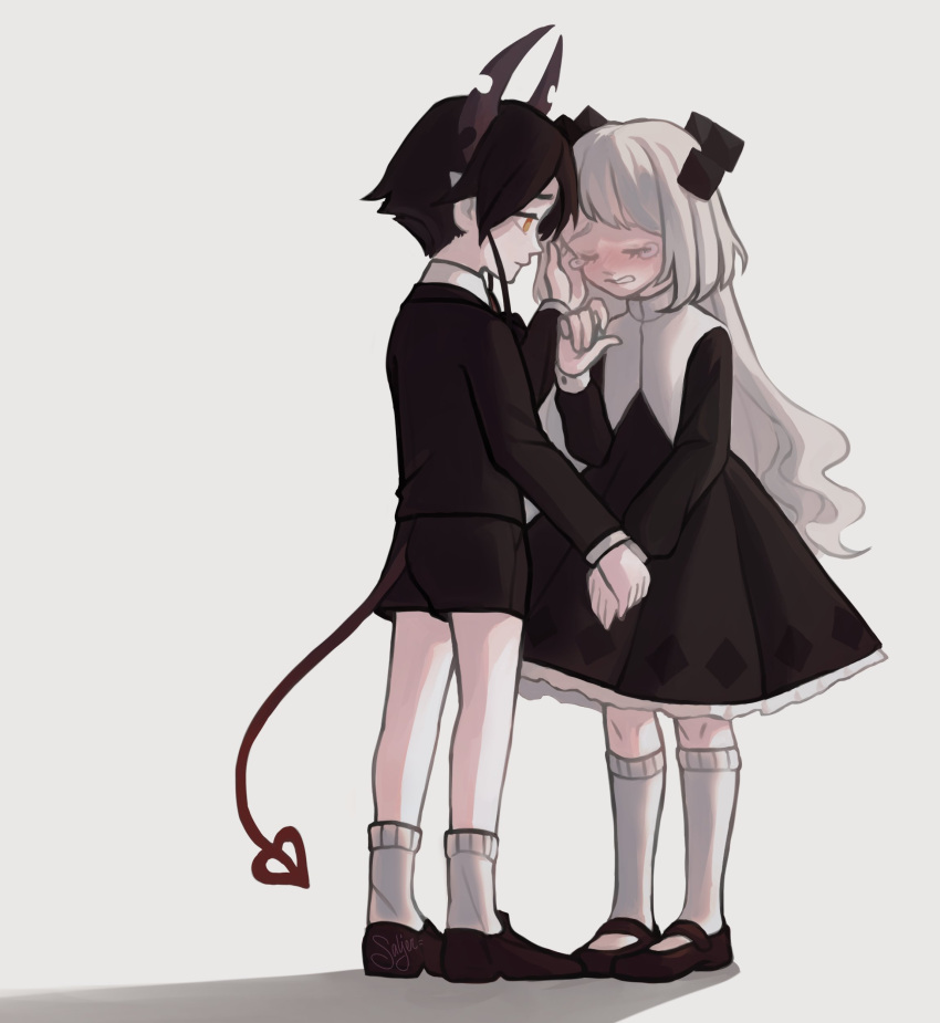 1boy, 1girl, absurdres, black_dress, black_hair, black_jacket, black_shorts, blush