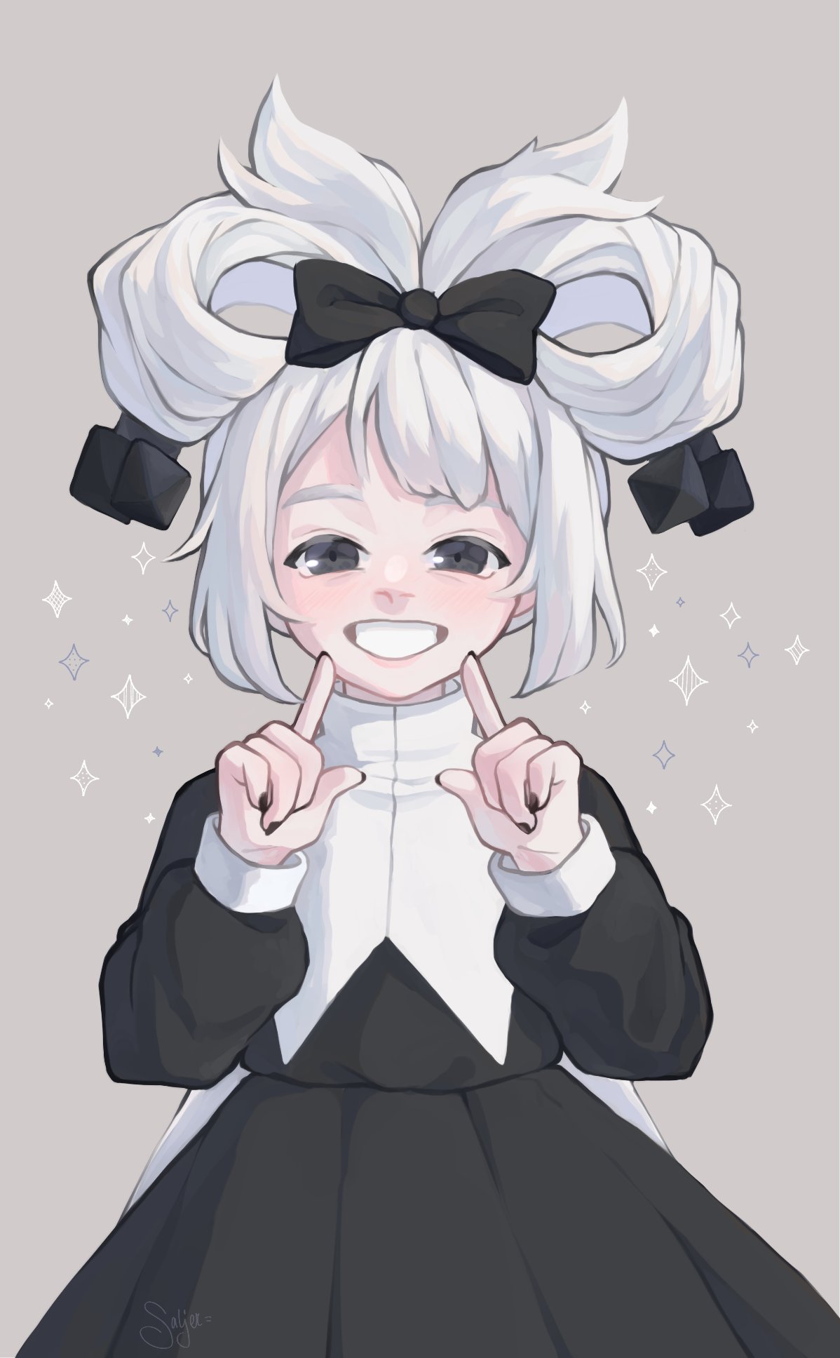 1girl, alternate_hairstyle, black_bow, black_dress, black_eyes, black_nails, bow, cinnamiku_hairstyle