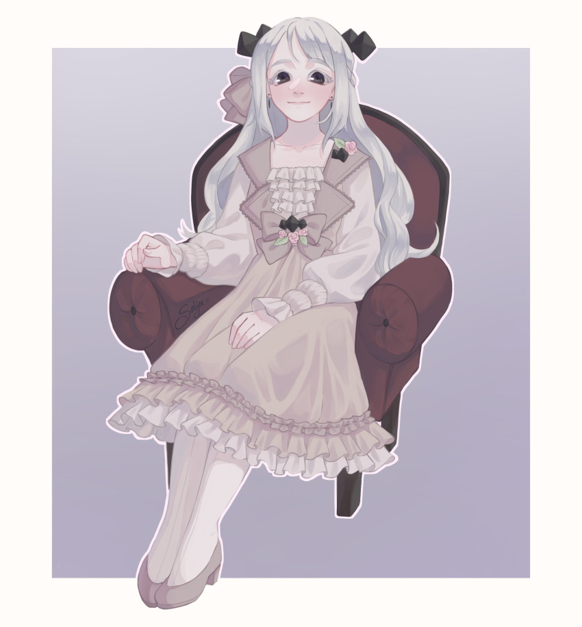 1girl, alternate_costume, black_eyes, border, bow, brown_bow, brown_dress, chair