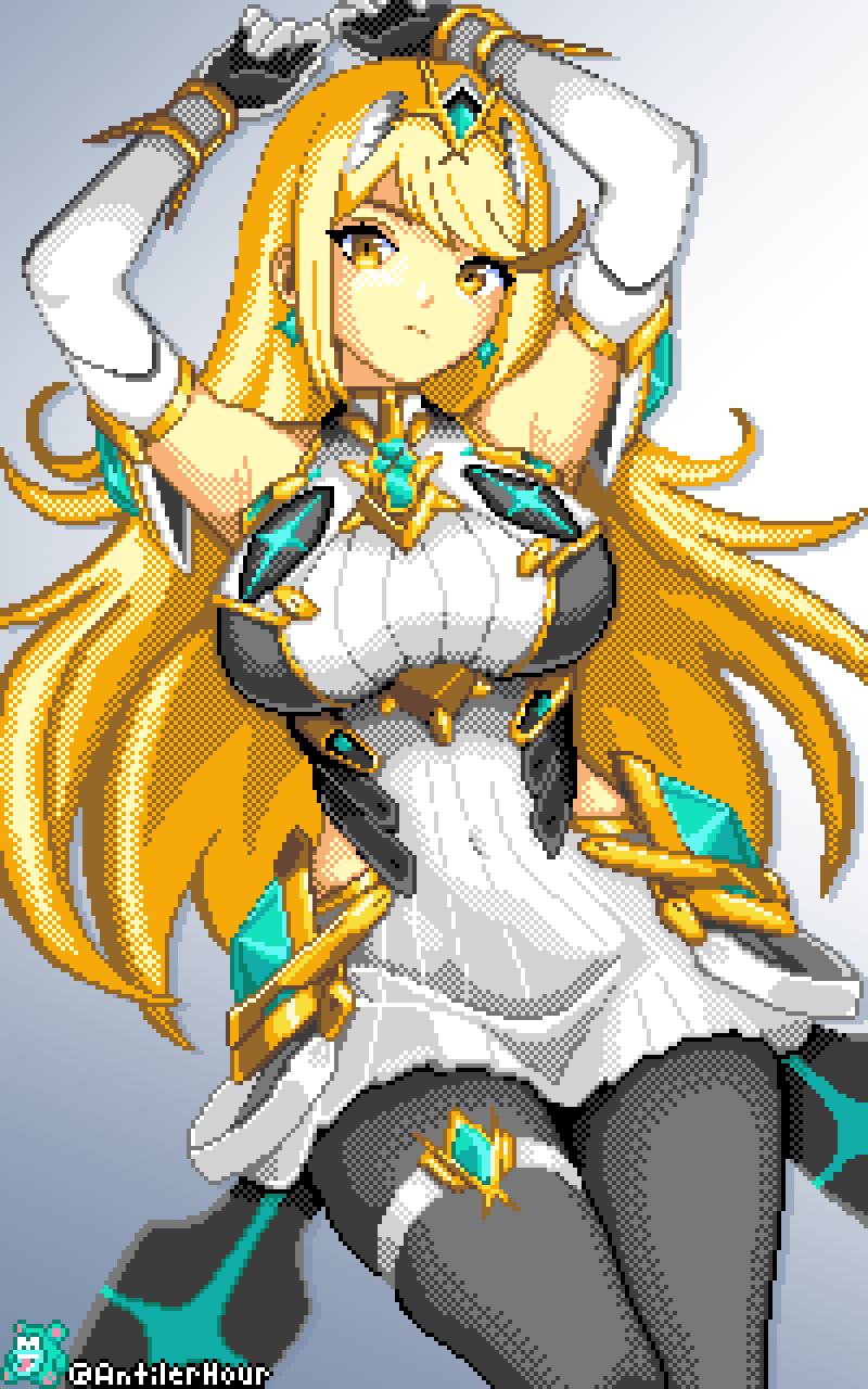 1girl, antilerhour, arm_guards, arms_up, artist_name, bare_shoulders, black_pantyhose, blonde_hair, breasts, chest_jewel, dress, earrings, elbow_gloves, floating_earrings, gloves, highres, jewelry, large_breasts, long_hair, lying, microdress, mythra_(massive_melee)_(xenoblade), mythra_(xenoblade), neon_trim, pantyhose, solo, swept_bangs, thigh_strap, tiara, twitter_username, very_long_hair, white_dress, white_gloves, xenoblade_chronicles_(series), xenoblade_chronicles_2, yellow_eyes