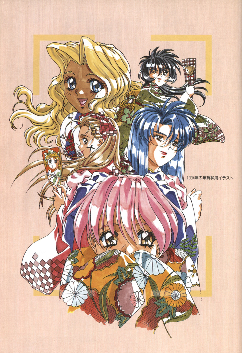 1990s_(style), 5girls, black_eyes, black_hair, blonde_hair, blue_eyes, blue_hair, bow