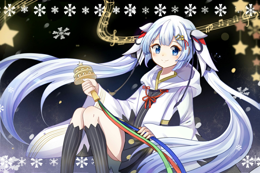 1girl, bell, blue_eyes, blush, chihaya_(clothing), chizuko_(4144768), closed_mouth, hair_ornament