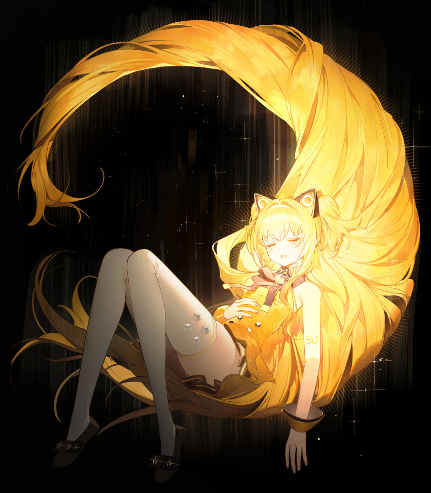 1girl, absurdly_long_hair, absurdres, animal_ears, arm_tattoo, black_skirt, blonde_hair, bow