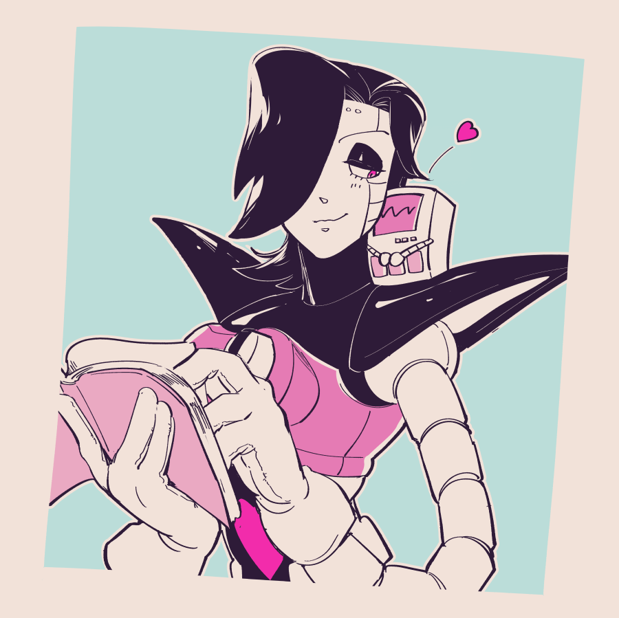 1boy, android, black_eyeshadow, black_hair, blue_background, book, border, closed_mouth