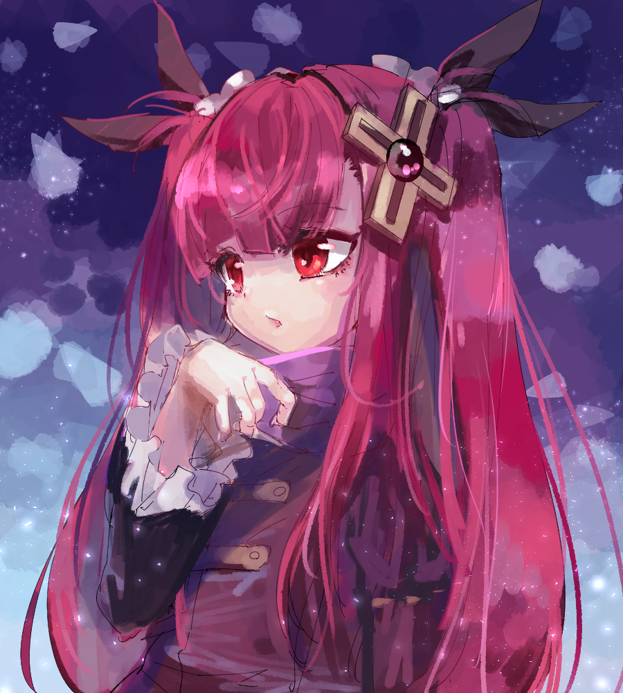 1girl, alternate_costume, alucard_lore, bow, emil_chronicle_online, frilled_sleeves, frills, from_side