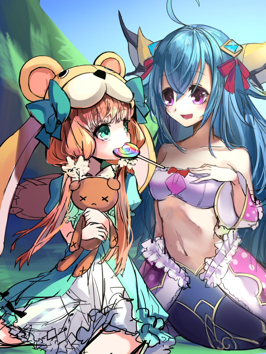 2girls, ahoge, animal_hood, bear_alma, bear_girl, blonde_hair, blue_hair, bow_flower