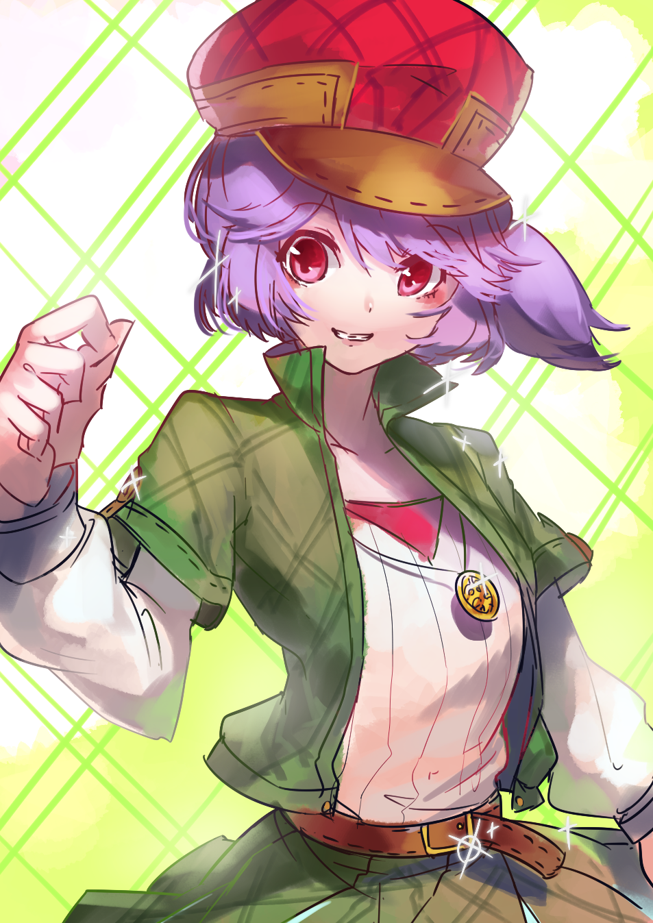 1girl, belt, breasts, emil_chronicle_online, green_background, green_jacket, green_shorts, hat