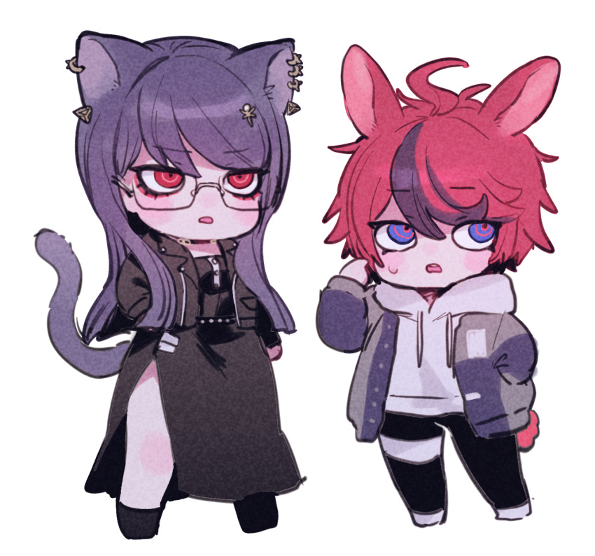1boy, 1girl, ahoge, animal_ear_piercing, animal_ears, belt, black_belt, black_choker