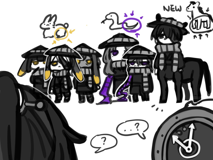 ...?, 1other, 3boys, 4girls, ?, animal_ears, bandage_over_one_eye, black_hair