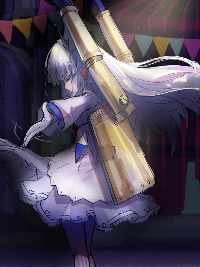 1girl, android, black_pantyhose, briking_rx1_alma, circus, closed_eyes, dress, emil_chronicle_online, from_side, gloves, kemogon, long_hair, mechanical_arms, pantyhose, robot_ears, solo, standing, white_dress, white_gloves, white_hair