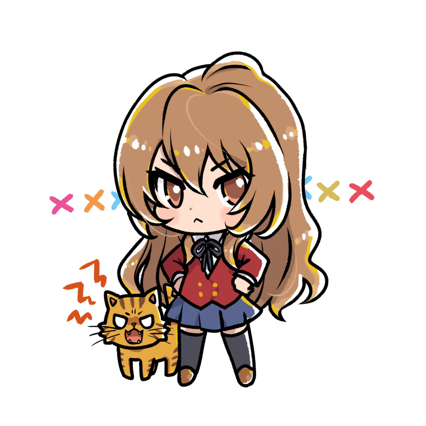 1girl, 72kuri, :<, aisaka_taiga, black_ribbon, blue_skirt, brown_eyes, brown_hair