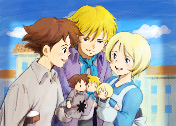 1girl, 2boys, alfredo_martini, apron, back_bow, bianca_martini, black_eyes, black_pants