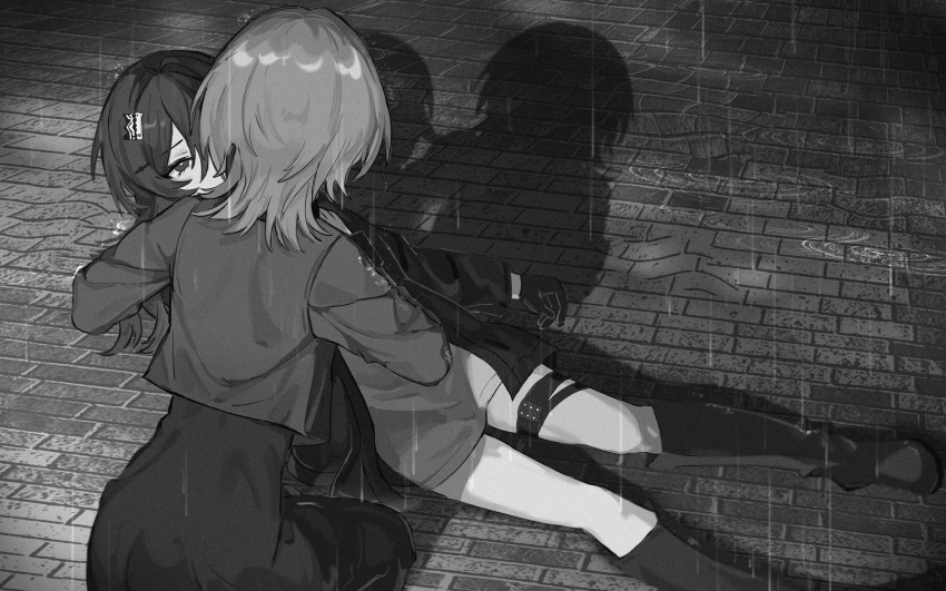 2girls, boots, check_spoilers, cirsium_(lavender_quartz), commentary, distortion, dress, drunontry
