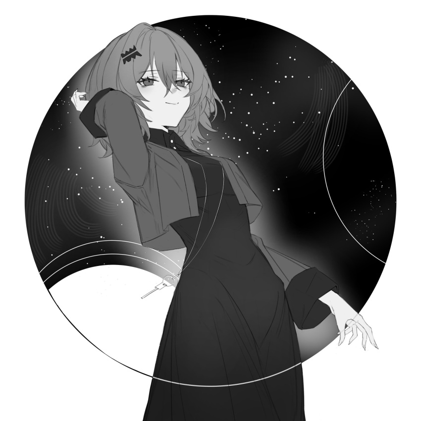1girl, arm_behind_head, closed_mouth, collared_dress, cropped_jacket, dress, greyscale, hair_ornament, hand_up, highres, ikonu_(lavender_quartz), jacket, jewelry, key, key_necklace, lavender_quartz, lavender_quartz:_kyoukai_hyoudou, long_dress, long_sleeves, looking_ahead, medium_hair, monochrome, necklace, open_clothes, open_jacket, outside_border, raymon_(raym0n_), round_image, sleeve_cuffs, smile, solo, standing, star_(sky), starry_sky_background