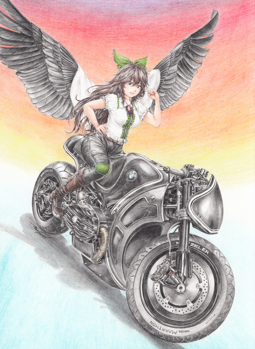 1girl, belt, black_hair, black_pants, black_wings, bmw, boots, bow