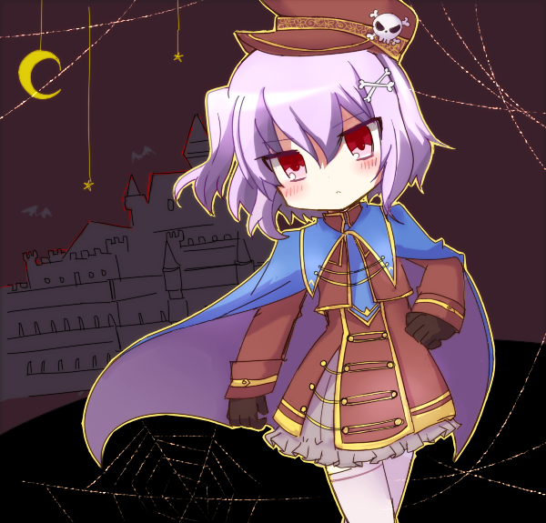 1girl, blue_cloak, brown_coat, brown_gloves, brown_hat, cloak, coat, emil_chronicle_online, gloves, grey_skirt, hair_ornament, hairclip, hat, mmi, purple_hair, red_eyes, side_ponytail, silk, skeleton_shooter_alma, skirt, solo, spider_web