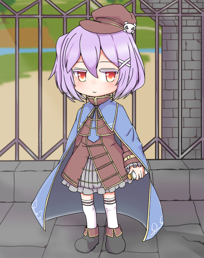 1girl, against_fence, black_boots, blue_cloak, boots, bottle, brown_coat, brown_hat