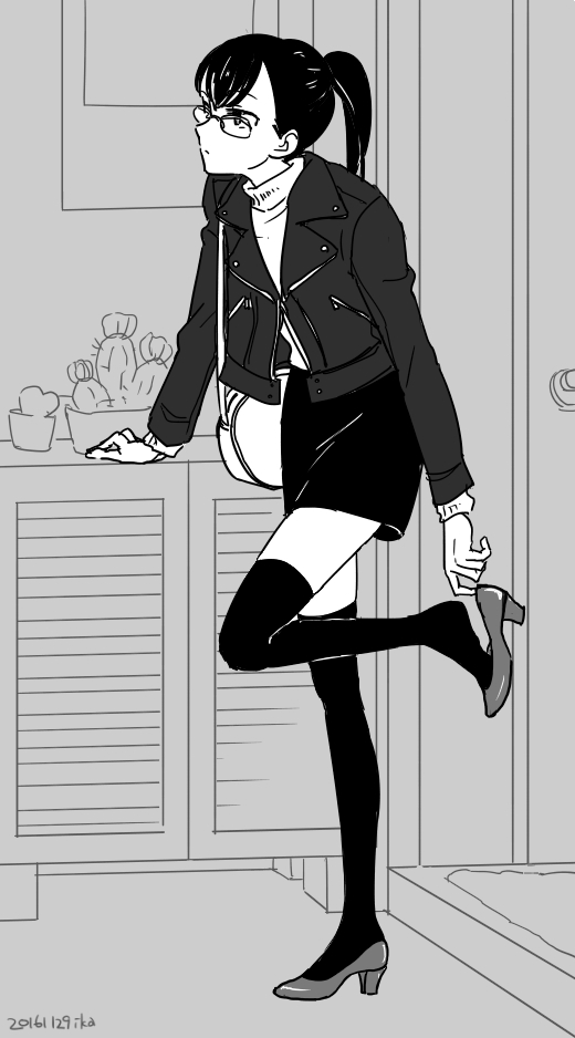 1girl, alternate_costume, arm_support, black_hair, black_jacket, black_thighhighs, chromatography, glasses