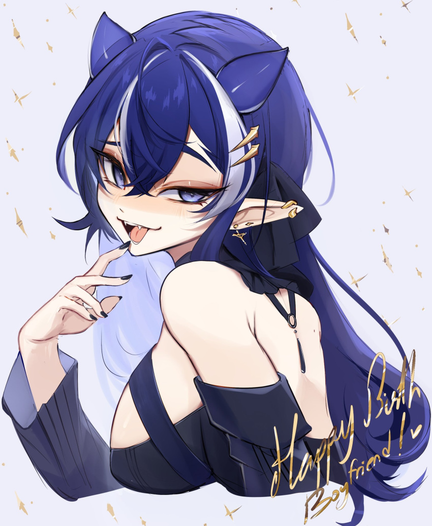 1girl, :p, anntan_(vtuber), black_dress, black_nails, borrowed_character, breasts, colored_inner_hair