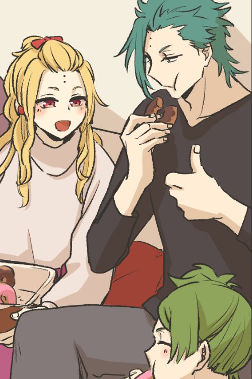 1girl, 2boys, black_shirt, blonde_hair, blush, bow, box, chewing