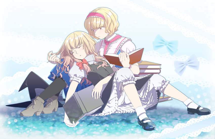 alice_margatroid, bad_id, blonde_hair, bloomers, book, bow, braid, capelet