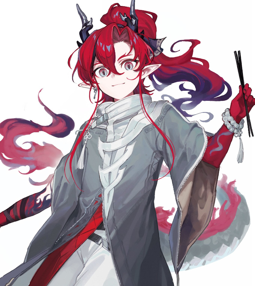 1boy, arknights, beads, black_hair, chopsticks, closed_mouth, coat, colored_extremities