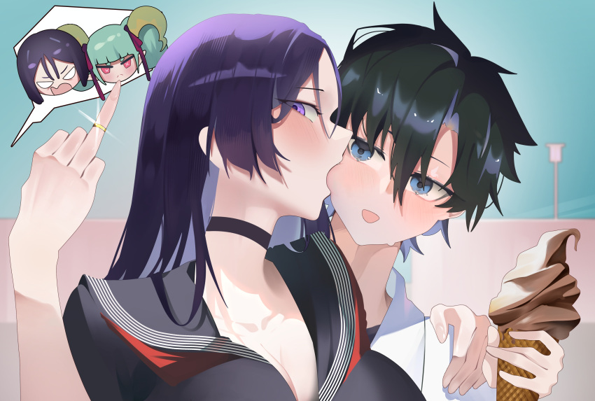 1boy, 3girls, absurdres, biting, choker, couple, english_commentary, fate/grand_order