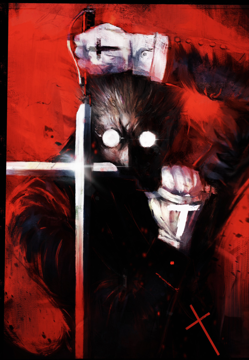 1boy, absurdres, alexander_anderson, cross, crossed_swords, dual_wielding, glasses, gloves