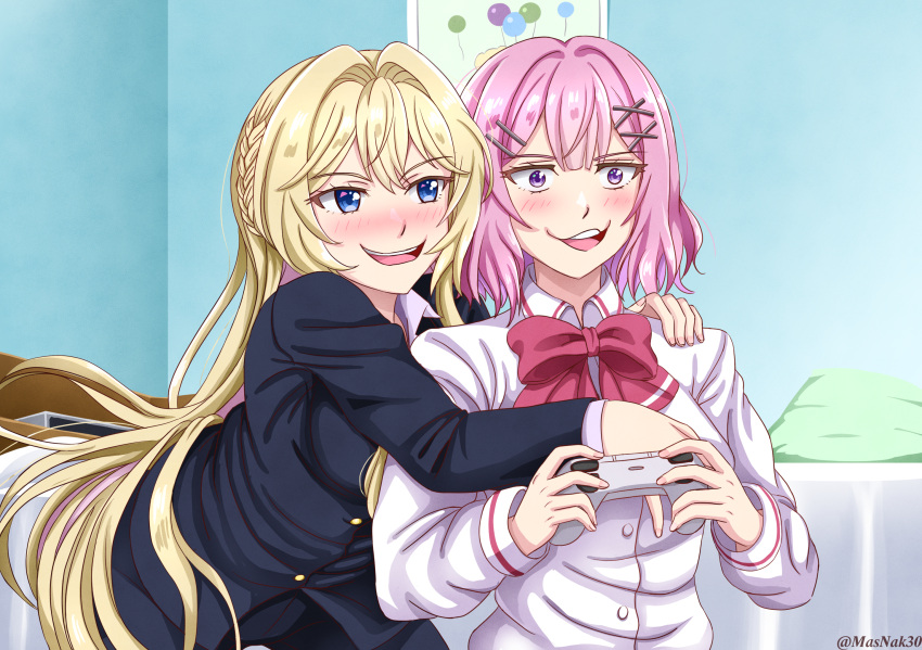 2girls, amaori_renako, artist_name, bedroom, blonde_hair, blue_eyes, blush, braid, controller, hair_ornament, hairclip, hand_on_another's_head, highres, holding, holding_controller, hug, hug_from_behind, indoors, long_hair, masnak30, medium_hair, meme, multiple_girls, no_way_fag_(meme), ouzuka_mai, parody, pink_hair, resident_evil, resident_evil_4, scene_reference, school_uniform, smile, violet_eyes, watashi_ga_koibito_ni_nareru_wake_naijan_murimuri!, yuri