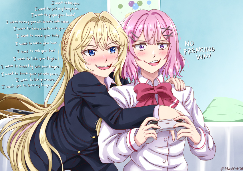 2girls, amaori_renako, artist_name, bedroom, blonde_hair, blue_eyes, blush, braid