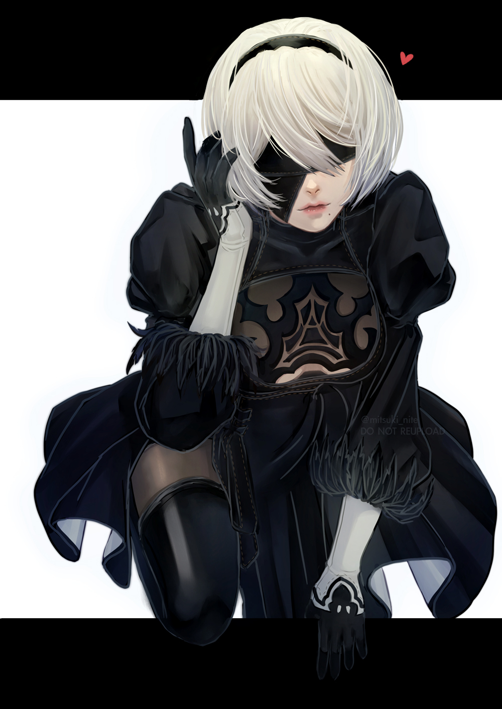 1girl, 2b_(nier:automata), black_boots, black_dress, black_gloves, black_hairband, black_thighhighs, blindfold