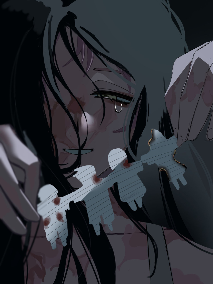 1girl, alien_stage, black_hair, burn_scar, burning, burning_paper, commentary, english_commentary