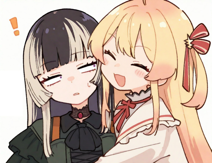 !, 2girls, :d, ^_^, black_hair, blonde_hair, blunt_bangs, blush, bow, cheek-to-cheek, choker, closed_eyes, double-parted_bangs, dress, frilled_dress, frills, gothic_lolita, gradient_hair, green_dress, heads_together, highres, hololive, hololive_dev_is, hug, jacket, juufuutei_raden, juufuutei_raden_(1st_costume), lace, lace_choker, lolita_fashion, long_hair, looking_at_another, multicolored_hair, multiple_girls, orange_hair, otonose_kanade, otonose_kanade_(1st_costume), red_bow, shirt, sidelocks, simple_background, smile, sweatdrop, two-tone_hair, uwzoa, violet_eyes, virtual_youtuber, white_background, white_dress, white_jacket, white_shirt