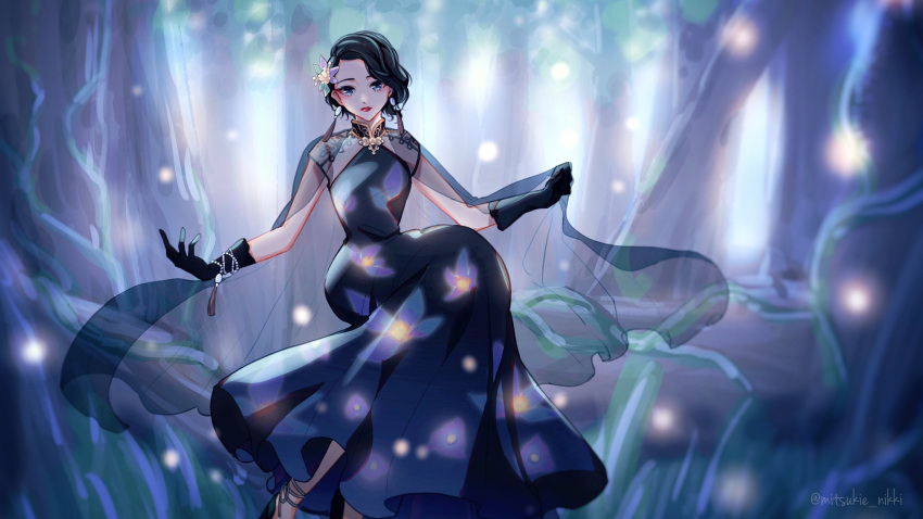 1girl, asymmetrical_hair, bad_id, bad_pixiv_id, bead_bracelet, beads, black_cape, black_dress, black_gloves, black_hair, black_shoes, blue_eyes, bracelet, cape, cape_hold, china_dress, chinese_clothes, collared_dress, commentary, dress, earrings, expressionless, floral_print, flower, flower_in_mirror_(miracle_nikki), foot_out_of_frame, forest, gloves, hair_flower, hair_ornament, high_heels, highres, jewelry, lipstick, long_dress, looking_at_viewer, lotus, makeup, mandarin_collar, miracle_nikki, mizukie_nikki, nature, night, nikki_(series), on_leaf, outdoors, outstretched_arms, parted_lips, pleated_dress, purple_flower, red_lips, see-through_cape, shoes, short_hair, sitting, solo, tassel, tassel_earrings
