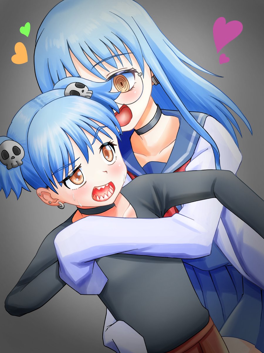 2girls, blue_hair, choker, earrings, heart, izutsumi_marin, izutsumi_minato, ninja_to_koroshiya_no_futarigurashi