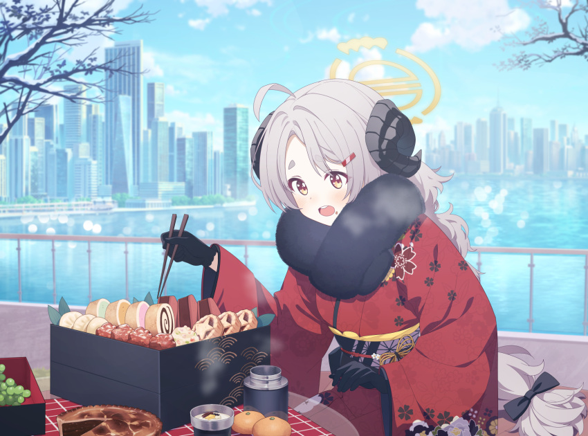 1girl, ahoge, artist_request, bento, black_gloves, blue_archive, blush, bow